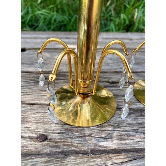 Vintage 1970s Small Brass Waterfall Crystal Candlestick Holders - Picture 7 of 11